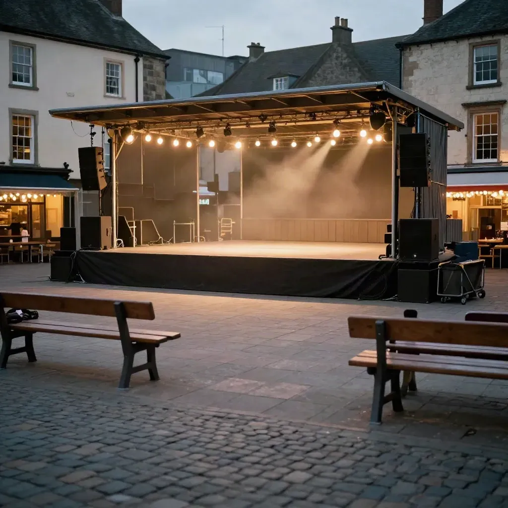 Leere Freiluftbühne auf dem Marktplatz mit Lichterketten und Bierbänken bei Abendlicht