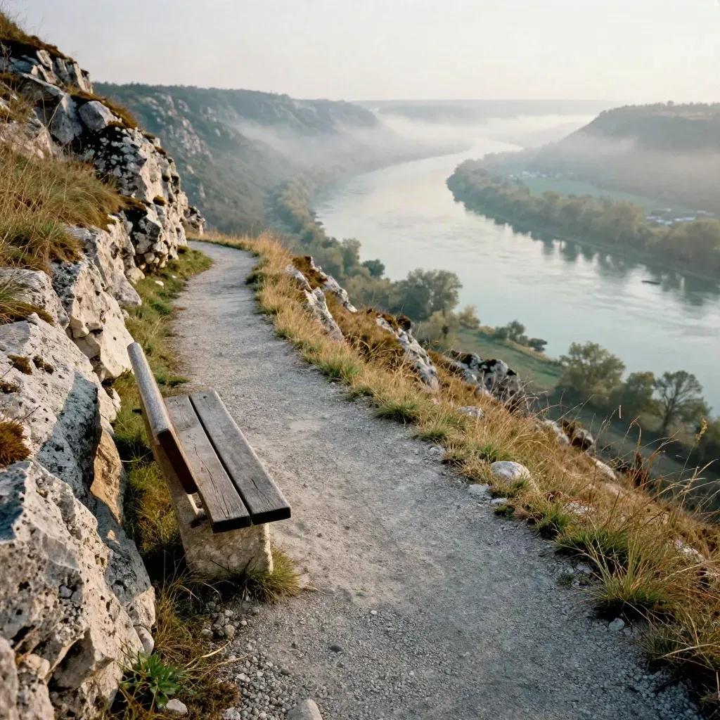 Niedriger Blick auf einen Pfad über der Donau mit Bank, Kalkstein und Morgennebel.
